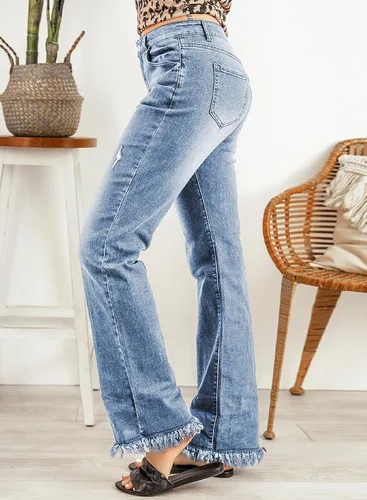 Vista 4 de Sidefeel Pantalones de mezclilla de pierna ancha de cintura alta desgastados para mujer