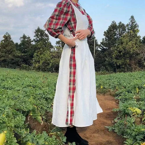 Vista 2 de Vestido estilo pinafore de algodón con cuello en V y cuello en V para mujeres y niñas
