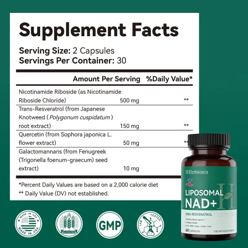Vista 8 de Suplemento liposomal de NAD con resveratrol, NAD+ Irans-resveratrol avanzado, ribósido de nicotinamida, quercetina, salud cardíaca, envejecimiento