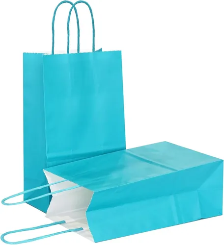 Vista 17 de AZOWA Bolsas de regalo mini de papel kraft con asas (Azul claro, 4x2.4x6, 25 piezas) Blue Color, Kraft Paper, Mini Size, 25 Pieces, Party Bags