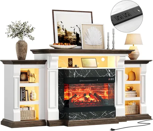 Vista 13 de LGHM Soporte de TV con chimenea eléctrica LED con tomacorriente, mantel de chimenea de 72 pulgadas para televisores de hasta 80 pulgadas, moderno