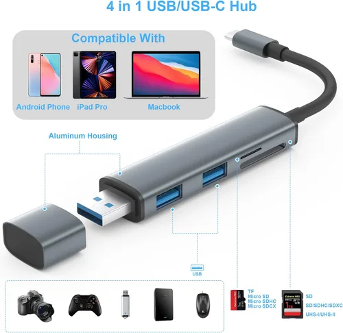 Vista 2 de Lector de Tarjetas SD TIANSONG USB 3.0 con Puertos USB Duales, Lector de Tarjetas SD USB C para iPhone 15/iPad/Mac 4 Puertos de Lectura y Escritura