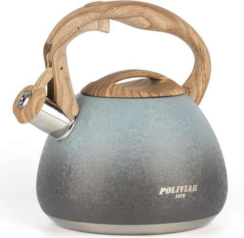 Vista 14 de POLIVIAR Hervidor de té, 2.7 cuartos de galón con acabado azul y mango de madera con silbato fuerte, tetera de acero inoxidable de grado