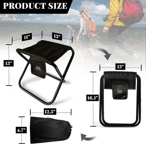 Vista 3 de Taburete plegable portátil mejorado, taburete de campamento de 13 pulgadas para adultos, pesca, senderismo, jardinería y playa, con bolsa de Negro