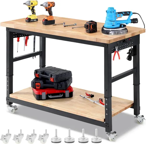 Vista 12 de ENJOYWOOD Banco de trabajo de 48 pulgadas para garaje, banco de trabajo de altura ajustable con estante debajo de la mesa, tablero de clavijas