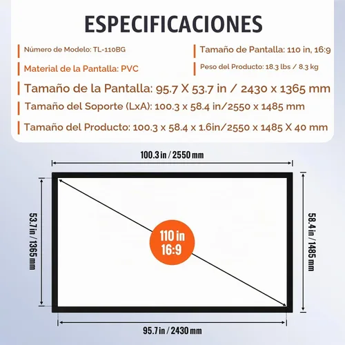 Vista 7 de VEVOR - Pantalla de proyector para exteriores de 110 pulgadas, pantalla de cine 16:9, marco fijo 3D para cine 4K HDTV