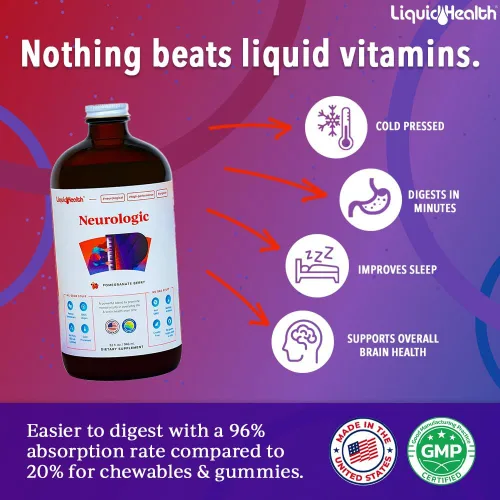 Vista 2 de LIQUIDHEALTH Suplemento de enfoque neurológico, suplemento nootrópico para función cognitiva, memoria y enfoque con ginkgo biloba, colina, L-teanina