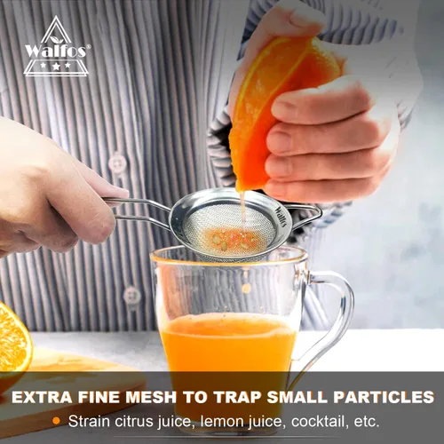 Vista 4 de Walfos Pequeño colador de té de malla fina, mini tamiz de acero inoxidable con asa, coladores de metal de cocina de 2.7 pulgadas para té, jugos