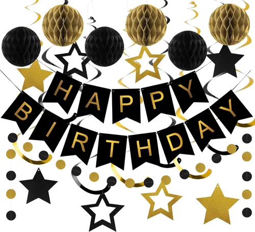 Vista 18 de meowtastic - Decoraciones de cumpleaños, pancarta de feliz cumpleaños con bolas de panal de abeja, serpentinas colgantes de estrellas, guirnalda