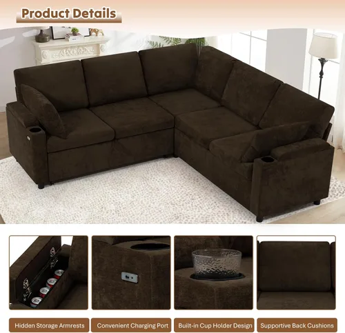 Vista 5 de Sofá modular de felpilla de 85 pulgadas con cama extraíble y Marrón