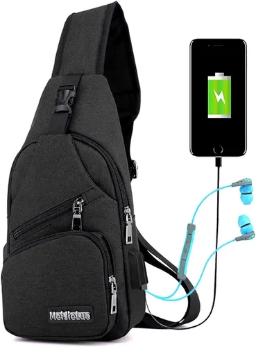 Vista 7 de Bolso bandolera para hombres y mujeres, mochila cruzada con correa para el hombro con puerto de carga USB y agujero para auriculares, bolsa