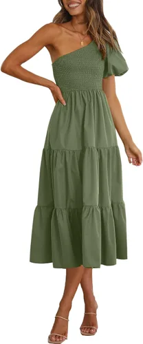 Vista 8 de Chriselda Vestido casual de manga corta con un hombro fruncido para mujer, cintura alta, con volantes, vestido midi para fiesta