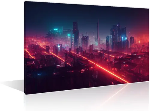 Vista 26 de 1 panel de cuadros de la ciudad de Cyberpunk, arte de pared, representación de vallas publicitarias, edificios modernos en la capital con obras