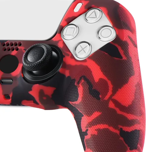 Vista 4 de YoRHa Funda de silicona con estampado tachonado para PS5 Dualsense Controller x 1 (rojo) con Pro Thumb Grips x 10