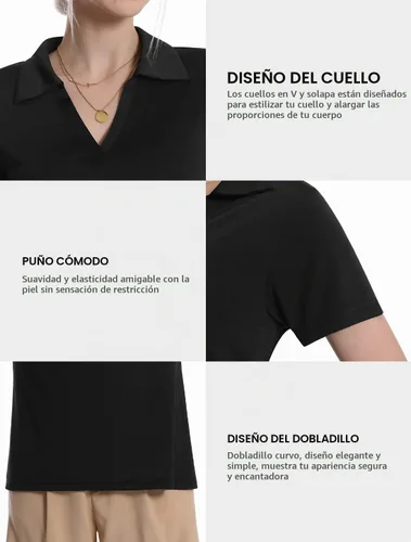 Vista 6 de Camisas polo con cuello en V para mujer, manga corta, cuello de golf Negro/Blanco/Gris