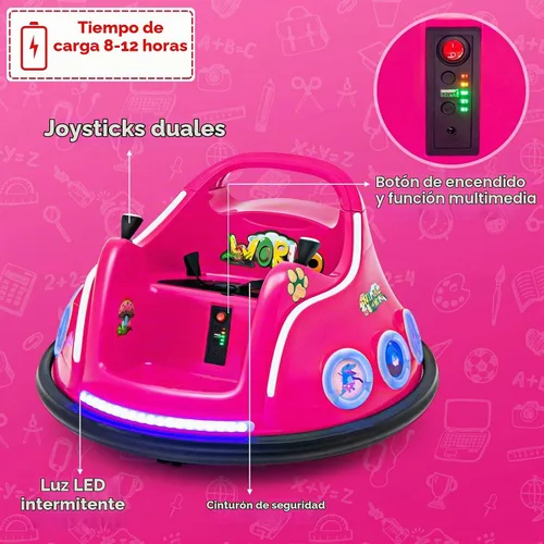 Vista 6 de HONEY JOY Coche de parachoques para niños pequeños de 12V, coche de batería para bebés con control remoto, dos joysticks, luz LED intermitente y Rosa
