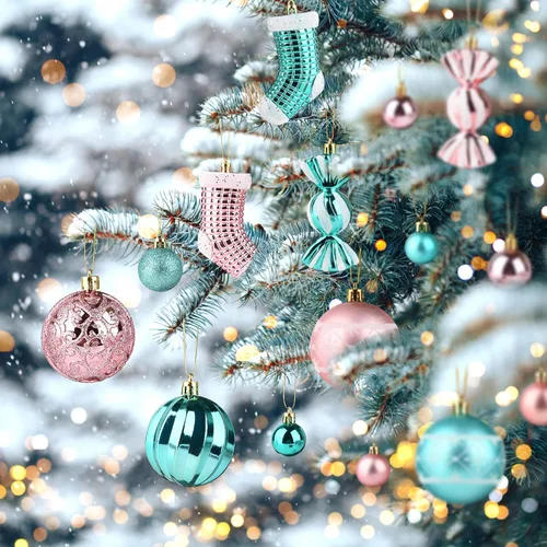 Vista 3 de PIIDUOO 97 piezas de bolas de Navidad para árbol de Navidad - Adornos inastillables pequeños para árbol de Navidad, juego de bolas rosa y turquesa