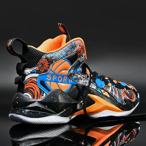 Vista 6 de MAUGELY Zapatillas de deporte de baloncesto para hombre, caña alta, para jóvenes, estudiantes, deportes, ocio, graffiti, zapatillas para correr