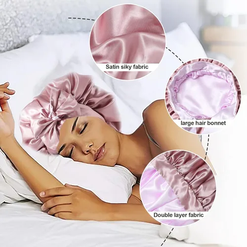 Vista 6 de Gorra de seda lavanda por marca – Gorro de dormir con banda elástica para cabello rizado