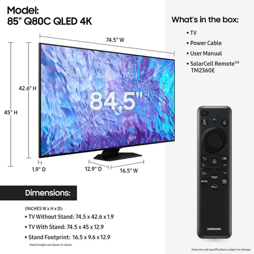 Vista 2 de SAMSUNG - Smart TV Class QLED 4K de la serie Q80C de 85 pulgadas, con Quantum HDR+, Dolby Atmos Object Tracking Sound Lite, Direct Full Array