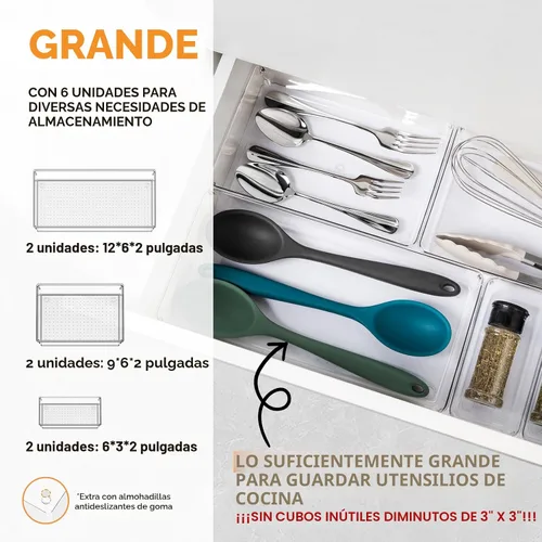 Vista 2 de Paquete de 6 bandejas organizadoras grandes de plástico transparente, separadores de almacenamiento y organización de cajones de cocina de acrílico