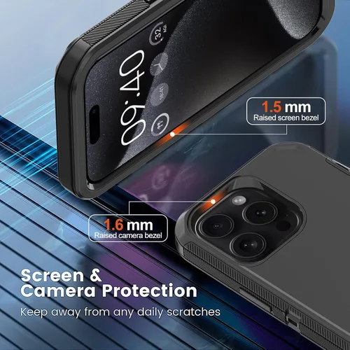 Vista 3 de Funda para iPhone 15 Pro Max con 2 protectores de pantalla, protección contra caídas a prueba de golpes, cuerpo completo, resistente, 3 capas, Negro