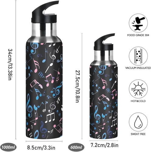 Vista 2 de Colorful Musical Notes Insulated Stainless Steel Water Bottle with Straw 20 Oz Leakproof Water Bottles, BPA-Free Sports Water Bottle with Straw