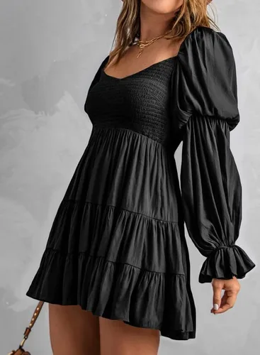 Vista 6 de Dokotoo Vestidos de primavera y verano 2025 para mujer, elegantes, con hombros descubiertos, cuello en V, manga larga, con volantes, mini vestidos