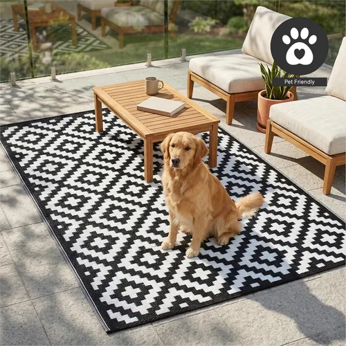 Vista 8 de FH Home - Alfombra para exteriores, impermeable, resistente a la decoloración, reversible, plástico reciclado de alta calidad, acabado geométrico