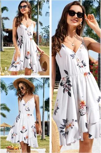 Vista 2 de ULTRANICE - Vestidos de verano para mujer, con estampado floral, cuello en V, dobladillo con volantes, tirantes delgados, estilo casual