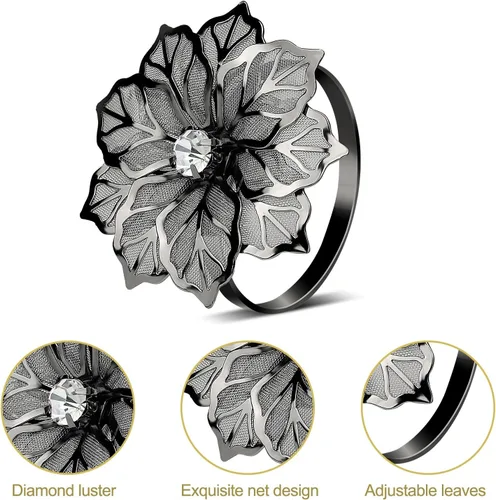 Vista 5 de KPOSIYA - Juego de 12 servilleteros de flores, servilleteros de metal negro, para boda, fiesta, día festivo, banquete de Navidad, cena, delicados