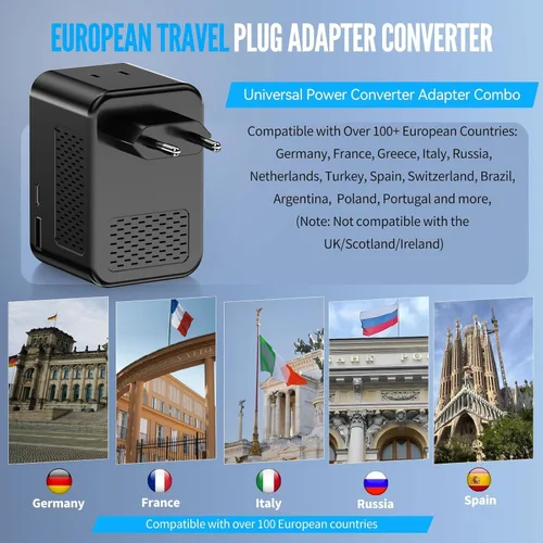 Vista 3 de Convertidor de voltaje de 220 V a 110 V de EE. UU. a Europa, adaptador de viaje convertidor de enchufe para Europa con 20 W PD y 2USB-A y 2USB-C