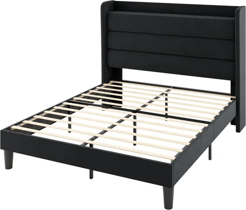 Vista 9 de Allewie Estructura de Cama Tapizada Tamaño Full con Estación de Carga y Cabecera con Almacenamiento, Cama Plataforma de Terciopelo Suave