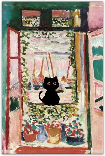 Vista 21 de CAXIYSH Arte de pared de gato negro Monet, póster de lirios acuáticos, vintage, divertido, floral, gato, lienzo, pinturas famosas, impresiones