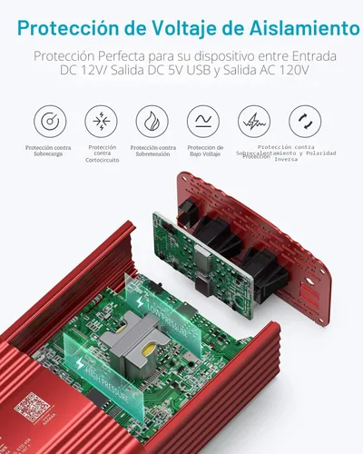 Vista 4 de BESTEK Inversor de corriente de onda sinusoidal pura de 500 W, CC 12 V a CA (2 tomas), cargador de coche de 110 V, convertidor de adaptador de 1 Rojo