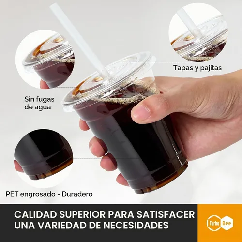 Vista 3 de Turbo Bee 200 juegos de vasos de plástico transparente de 12 onzas con tapas y pajitas, tazas de café helado desechables para llevar con tapas