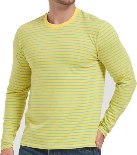 Vista 16 de Casual Black White Striped T-Shirt Mens Long Sleeve Cotton Spandex Crewneck Manga larga (negro y amarillo)