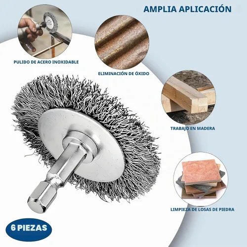 Vista 3 de Cepillos de alambre de 2 pulgadas para taladro, kit de cepillos de rueda de alambre de acero inoxidable con vástago hexagonal de 1/4 pulgadas, 6