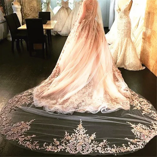 Vista 2 de Newdeve Champagne 3M 1T velos de novia con borde de encaje con peine gratis