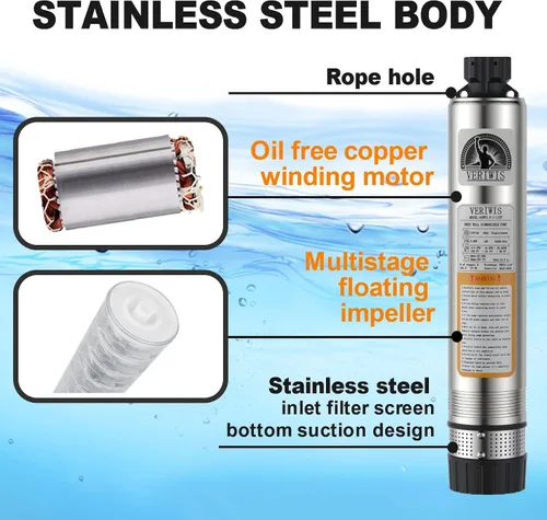 Vista 4 de Bomba de Tanque Séptico Sumergible de 4" para Efluente de Cisterna de Pozo Profundo con Succión Inferior Resistente a Obstrucciones Cable UL de 33