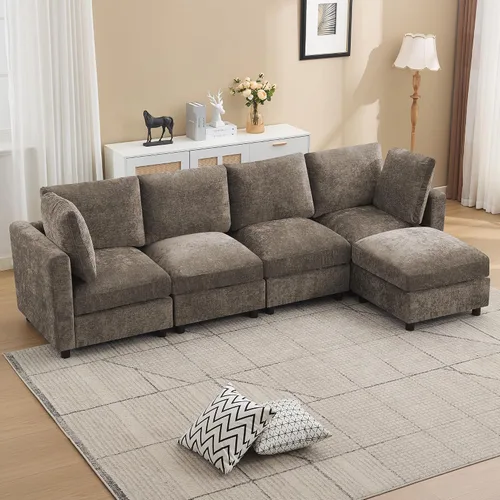 Vista 12 de 63" sofá seccional modular de Loveseat con otomana movible para sala de Beige