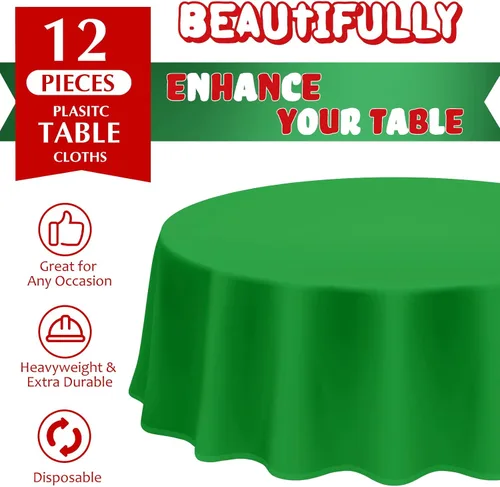 Vista 4 de Juexica 12 Piezas Manteles de Plástico Navideños de 84 Pulgadas Redondos Desechables Mantel de Plástico Impermeable Decorativo Cubierta de Mesa Rojo