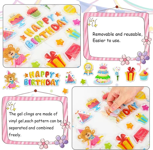 Vista 6 de Whaline 40 calcomanías de gel gruesas de cumpleaños, calcomanías de gel para ventana de cumpleaños, regalos de pastel de cumpleaños, globos