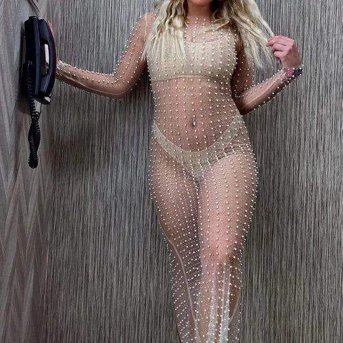 Vista 3 de Vestidos sexys para mujer, malla transparente, con diamantes de imitación, salida de baño, bikini, traje de baño, vestidos largos de playa negros
