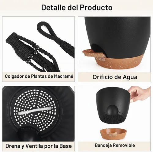 Vista 4 de Mkono - Macetas colgantes, perchas de macramé con macetas auto-regantes. Juego de 3 cestas colgantes para interiores, soportes para macetas con Negro