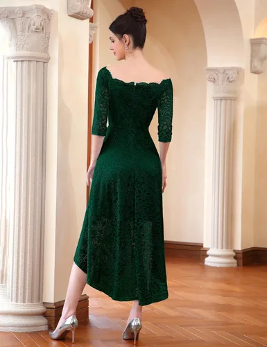 Vista 5 de Dressystar - Vestido de encaje para mujer, vestido asimétrico con vuelo y hombros descubiertos ideal para cóctel, dama de honor, fiesta formal