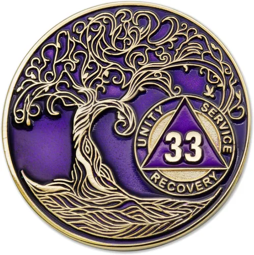 Vista 29 de 1 año Sobriety Mint Twisted Tree of Life Medallón de recuperación AA chapado en oro, chip/ficha - negro