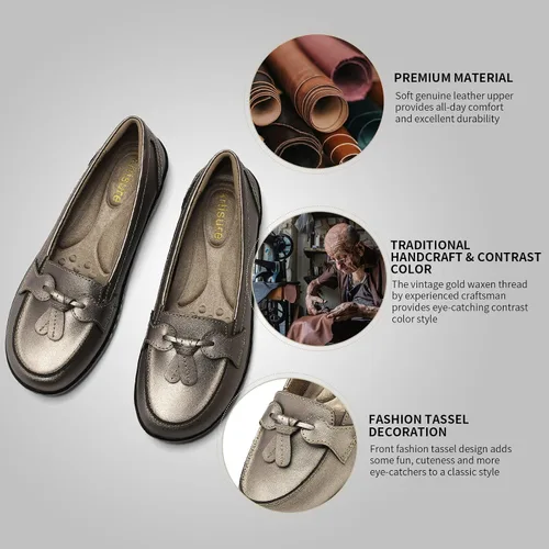 Vista 3 de Artisure Mocasines de cuero clásicos y cómodos para mujer, estilo casual, con borlas, bonitos zapatos de vestir para el trabajo, oficina, zapatos