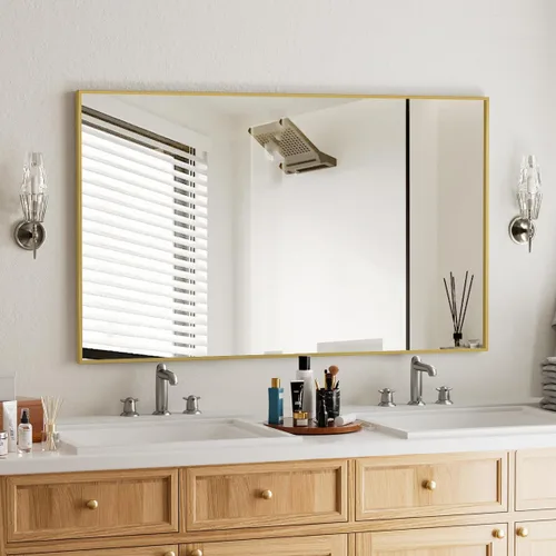 Vista 15 de BEAUTYPEAK Espejo de pared rectangular dorado de 24 x 36 pulgadas con marco de metal, se cuelga horizontal o vertical para sala de estar