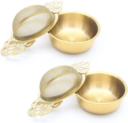 Vista 7 de Bonsicoky Paquete de 2 cuencos coladores de té, filtro de té de hojas sueltas de acero inoxidable para boca de taza de 2.5 a 4 pulgadas, dorado